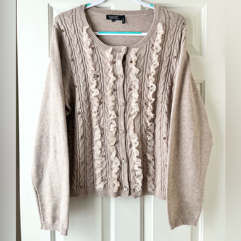 Badgley Mischka Cardigan Sweater Ruffle & Rhinestone Accents Taupe Size XL